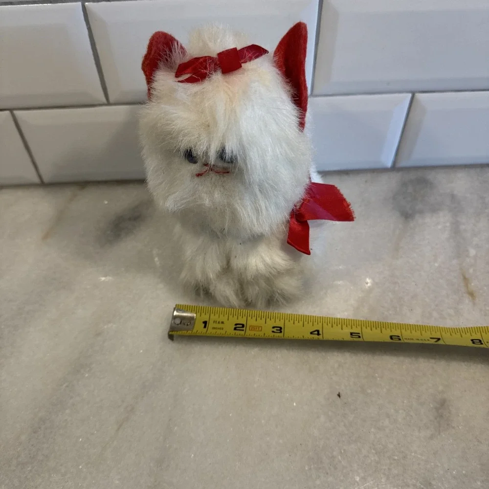Vintage Fur‎ White Kitten 1980's Red Bow And Ears
